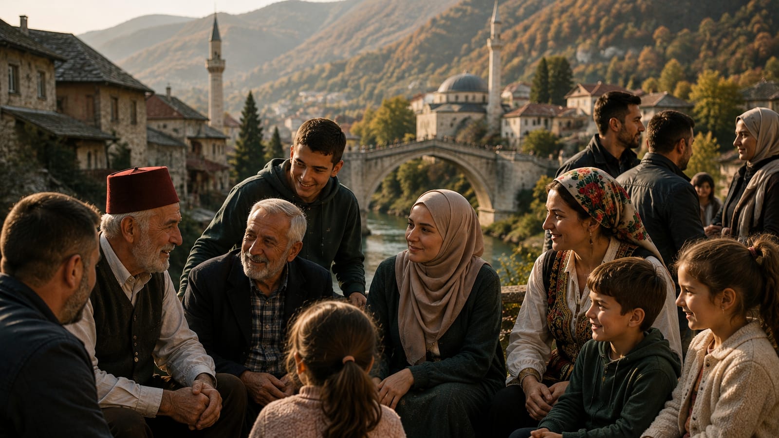 Three generations of a family talking on a stone bridge above a river town