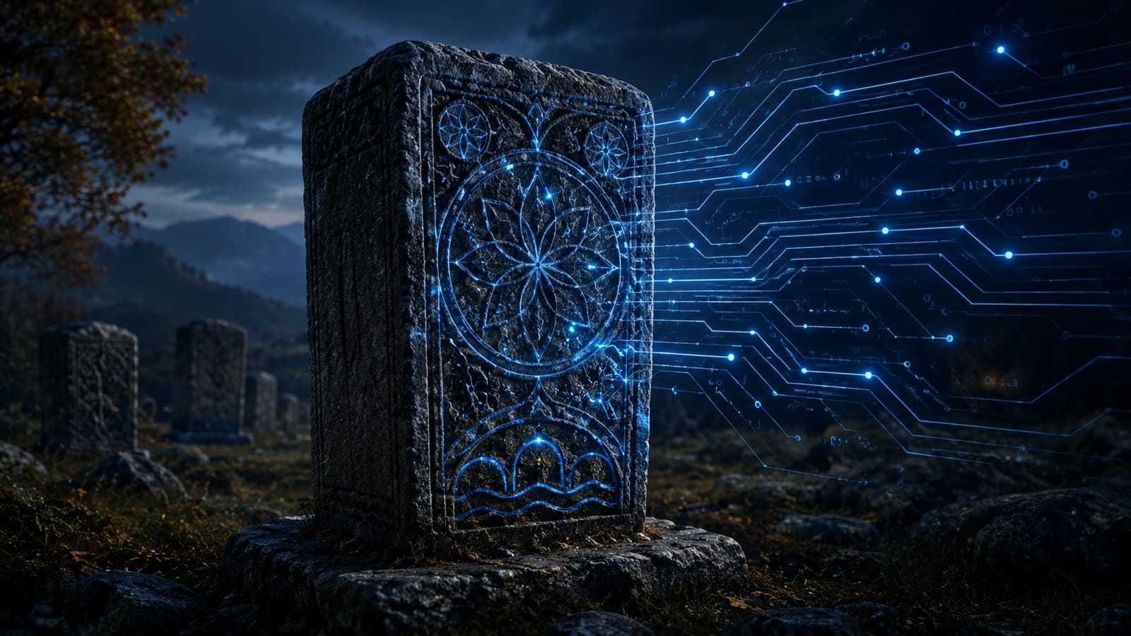 A carved medieval stećak stone, its rosette lit by lines of blue circuitry